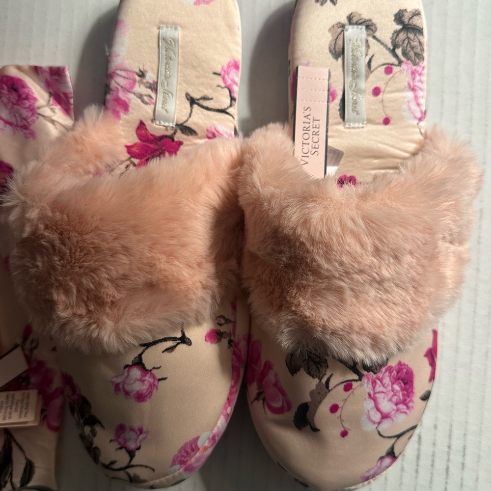 Victoria's Secret Pink Floral Satin slippers and bag